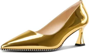 TNYNFBEB Womens Mid Kitten Heel Pointed Toe Pumps Slip-on Silver Beaded Prom Party Dress Patent Leather 2.6 Inches Heels