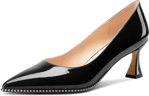 TNYNFBEB Womens Mid Kitten Heel Pointed Toe Pumps Slip-on Silver Beaded Prom Party Dress Patent Leather 2.6 Inches Heels