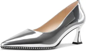 TNYNFBEB Womens Mid Kitten Heel Pointed Toe Pumps Slip-on Silver Beaded Prom Party Dress Patent Leather 2.6 Inches Heels