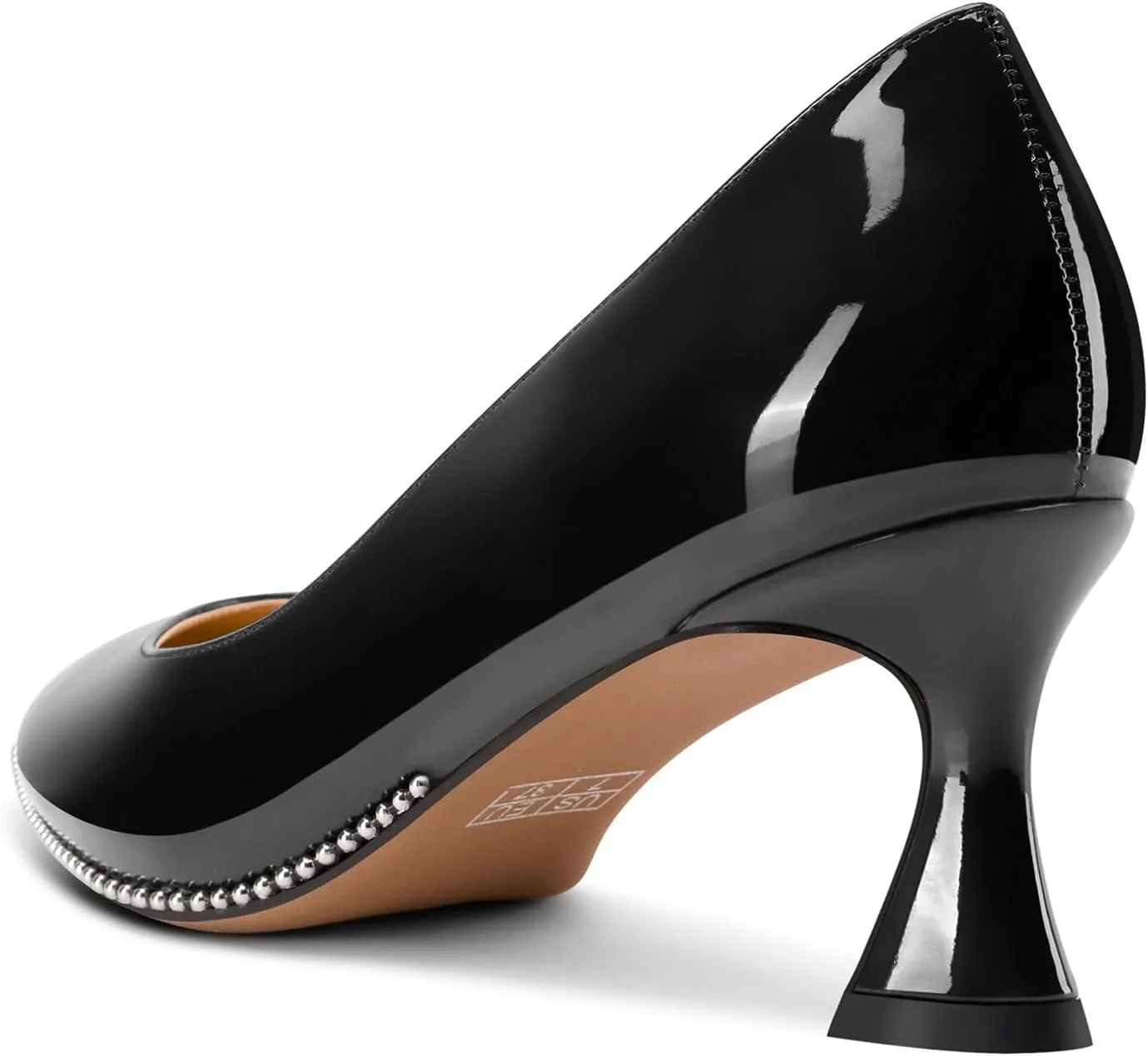 TNYNFBEB Womens Mid Kitten Heel Pointed Toe Pumps Slip-on Silver Beaded Prom Party Dress Patent Leather 2.6 Inches Heels