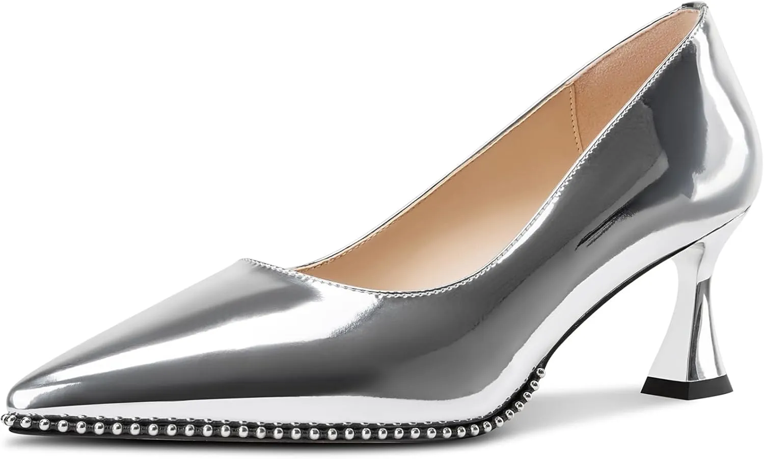 TNYNFBEB Womens Mid Kitten Heel Pointed Toe Pumps Slip-on Silver Beaded Prom Party Dress Patent Leather 2.6 Inches Heels