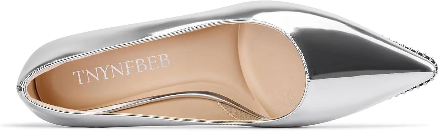 TNYNFBEB Womens Mid Kitten Heel Pointed Toe Pumps Slip-on Silver Beaded Prom Party Dress Patent Leather 2.6 Inches Heels