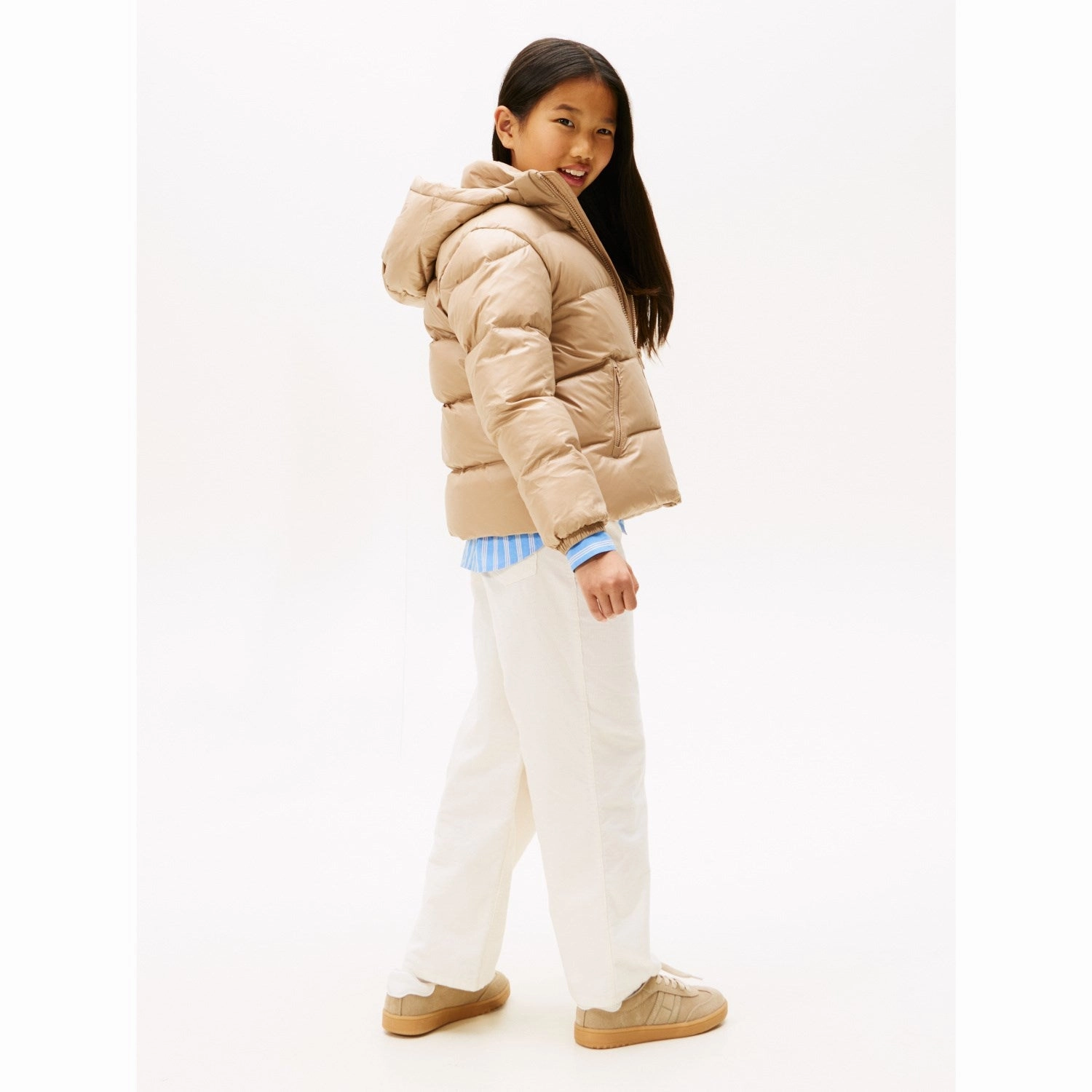 Tommy Hilfiger Malted Milk Essential Down Jacket Reinforced Elbows Fringe Detail