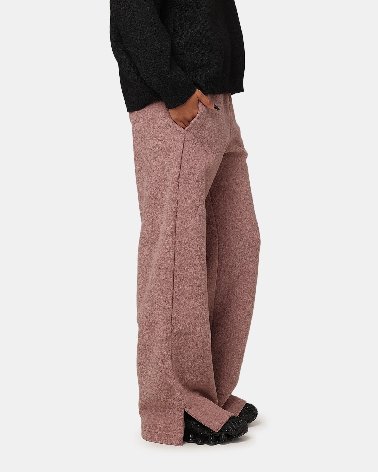 Nike Women's Sportswear Pheonix Plush High Waisted Wide Leg Cody Fleece Pants Smokey Mauve/Black AbrasionGuardTape No Frills Fit