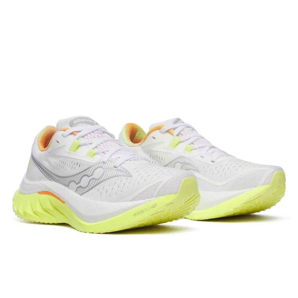 Saucony Women's Endorphin Speed 4 Running Shoes in White/Sunny SS25 Breathable side Neutral Footbed Design