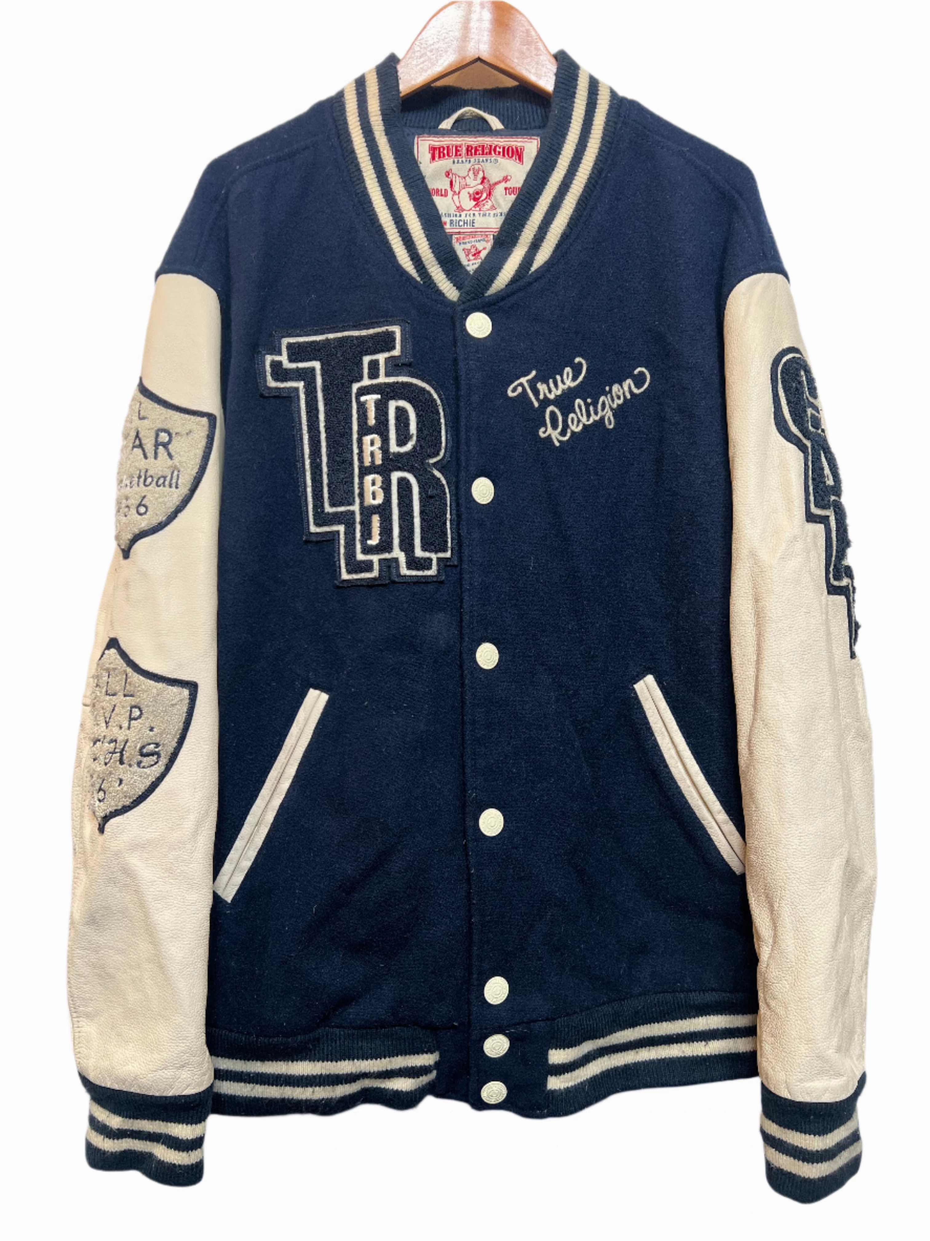 Layer Comfort Waterproof Fabric True Religion Navy White Varsity Jacket (Size XL)