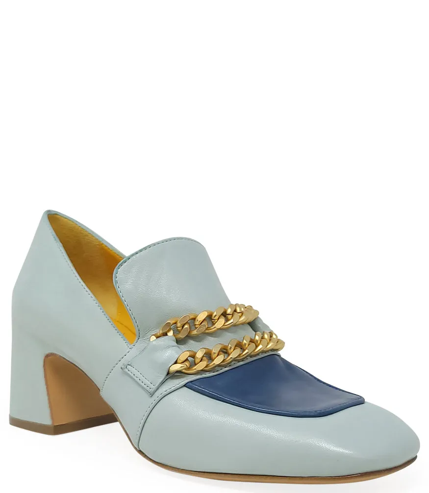 Turq/Blue Leather Mid Heel Loafer W/Chain