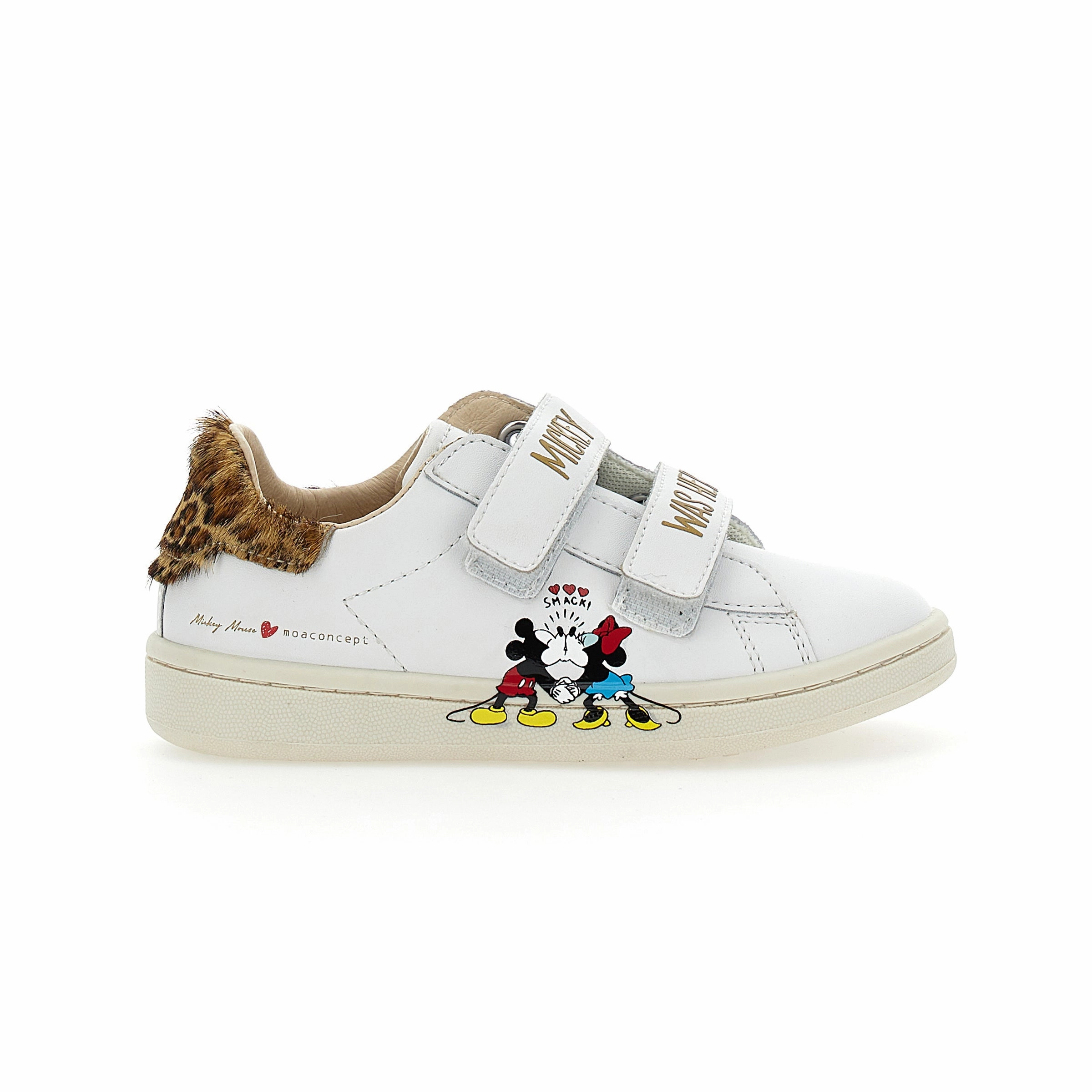 White Mickey   Minnie Leopard Tab Velcro Sneakers Heel Support StreamlinedDesign