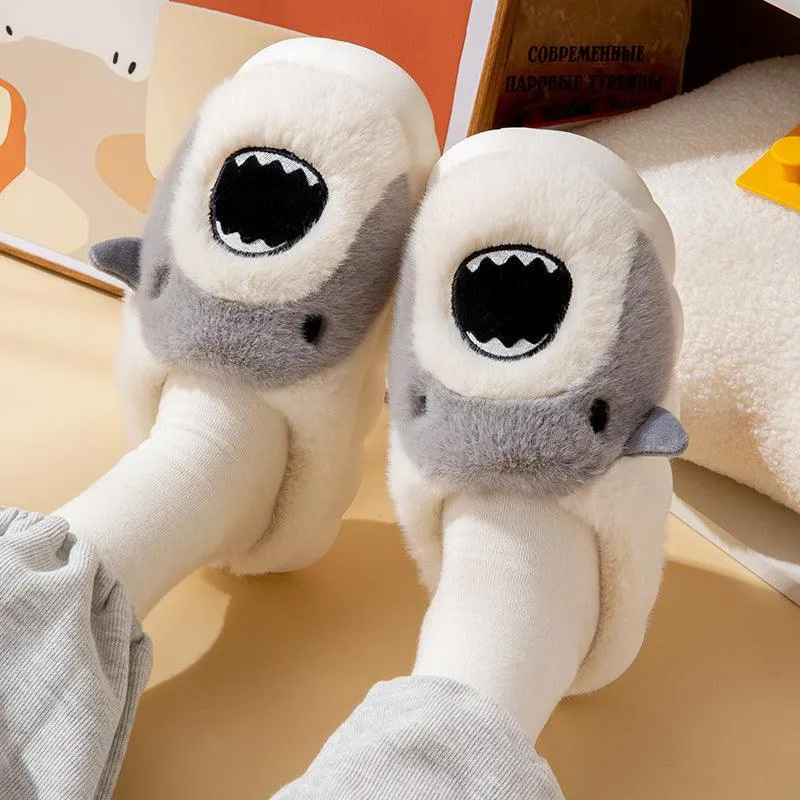 Unisex Shark Plush Slippers – Cozy Cartoon Winter Fuzzy Shoes