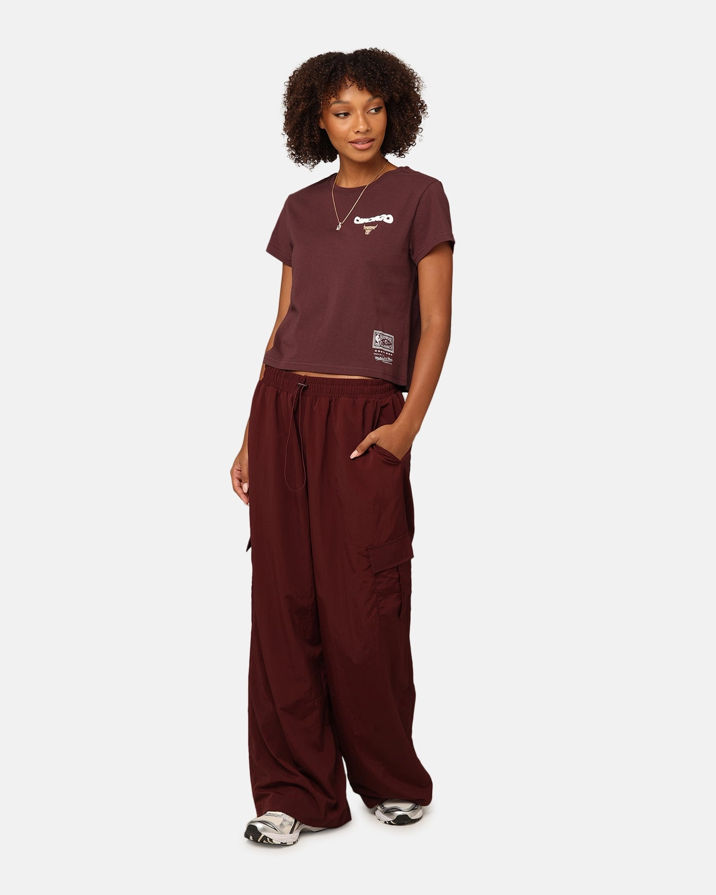 Mitchell & Ness Women's Chicago Bulls Wavey Text Cargo Pants Fudge Movement Fit Chic Design