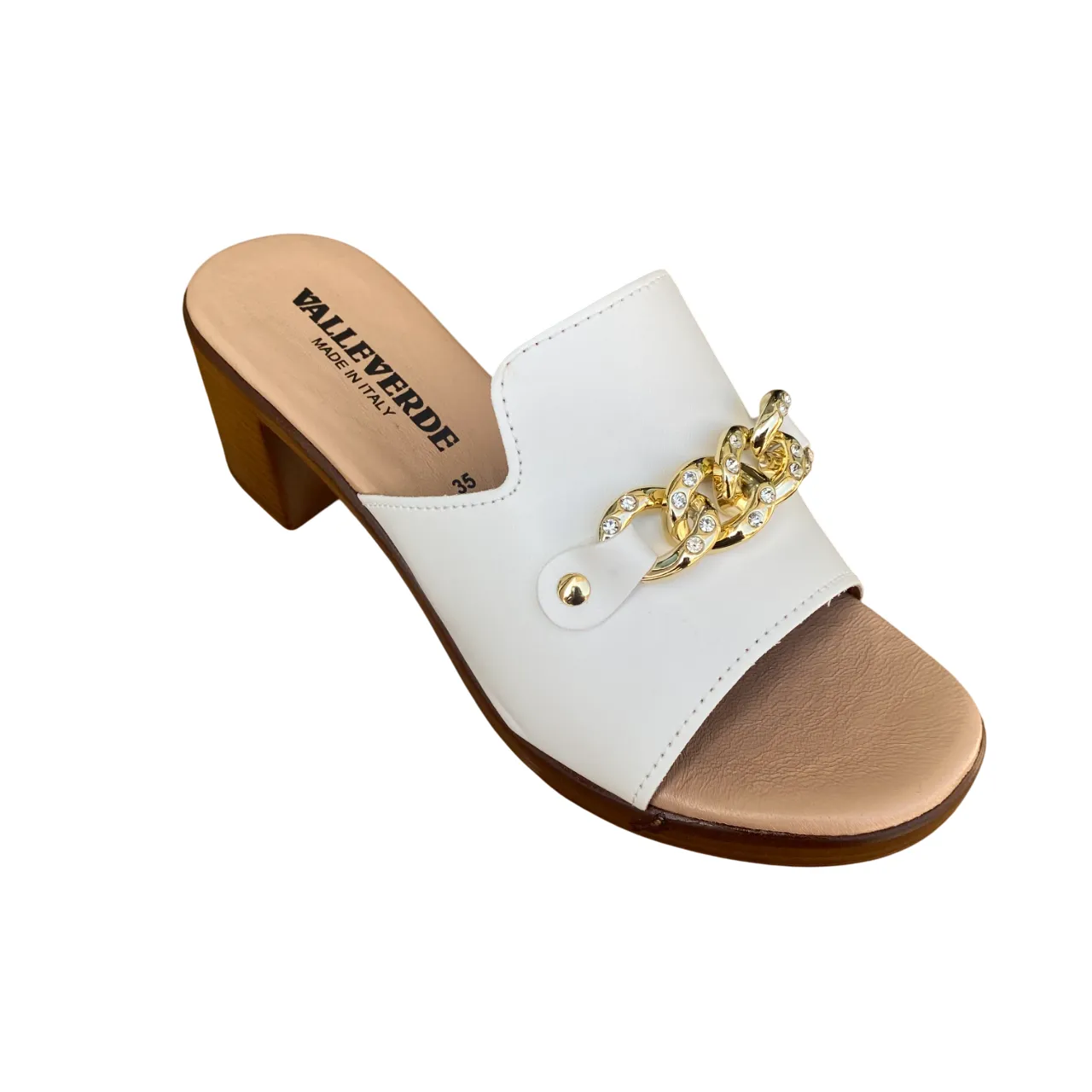 Chic Comfortable Valleverde sandalo ciabatta da donna con catena e strass tacco da 6 cm. 55450 avorio