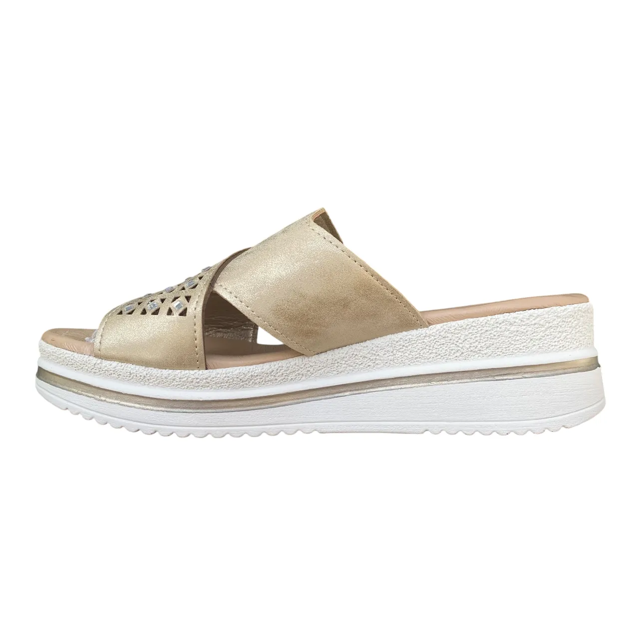 Valleverde sandalo ciabatta da donna con fascia unica effetto incrocio con strass e taglio geometrico. V55100 oro Cool Texture Seamless Heel Cushioning
