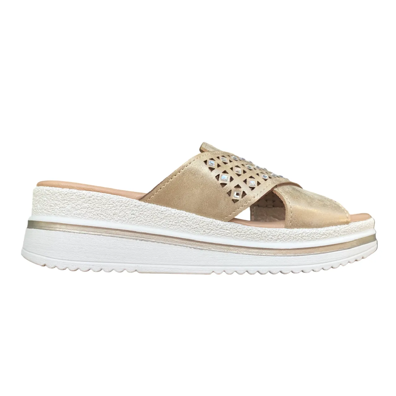 Slip In Flex Groove Engineering Valleverde sandalo ciabatta da donna con fascia unica effetto incrocio con strass e taglio geometrico. V55100 oro