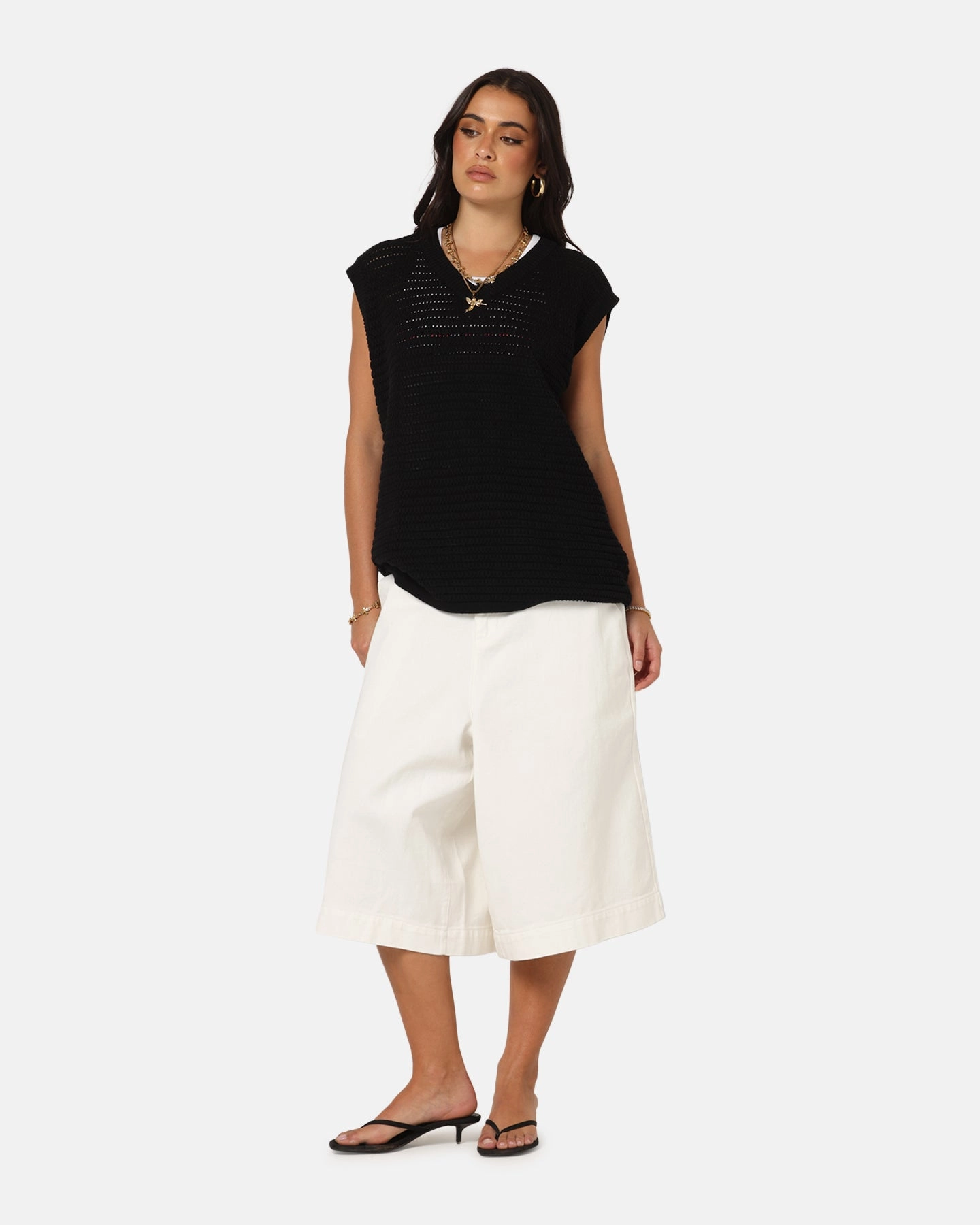 XXIII Wide Leg Denim Shorts Off White BreathableMeshLining Thermal regulation