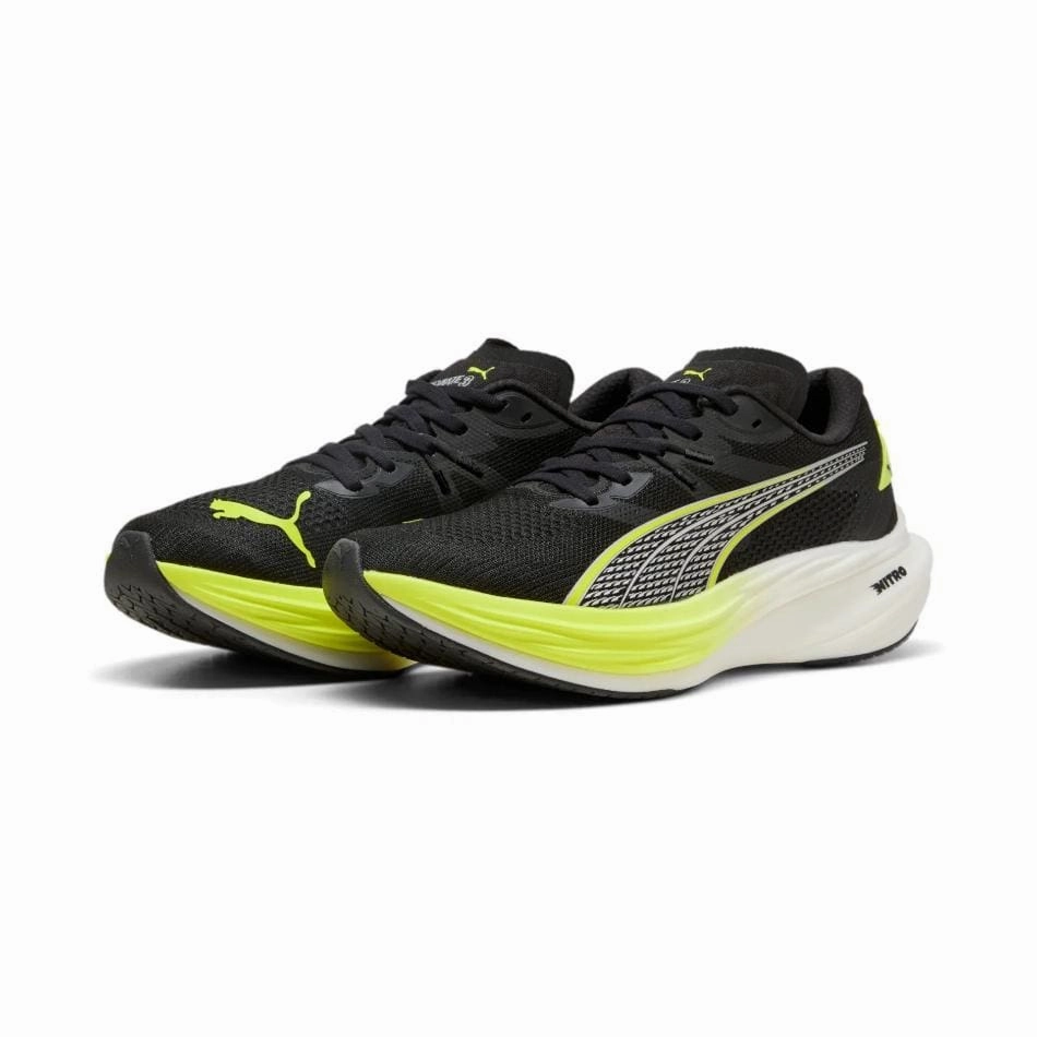 spring - fitting Puma Men's Deviate Nitro 3 Running Shoes in PUMA Black/Yellow Alert SS25