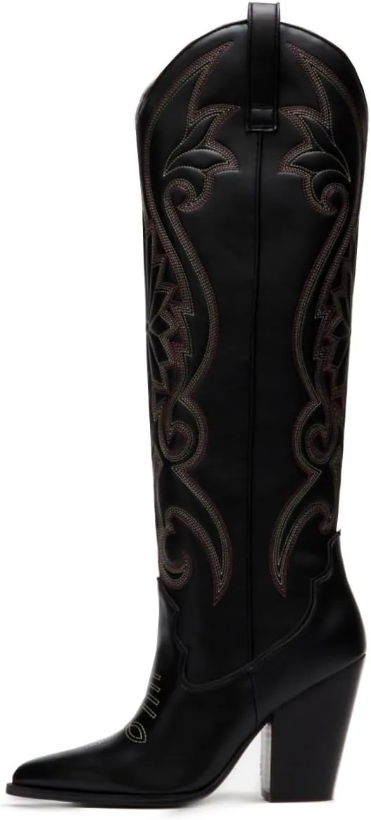 Vintage Embroidered Cowboy Boots Women Knee High Western Boots Suede High Chunky Stacked Heel Pointed Toe Tall Cowgirl Boots Satin Studded Combat Boot Pull On Fall Winter Dressy 4-11 M US