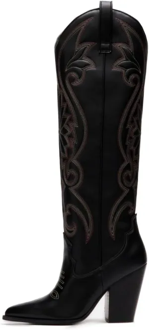 Vintage Embroidered Cowboy Boots Women Knee High Western Boots Suede High Chunky Stacked Heel Pointed Toe Tall Cowgirl Boots Satin Studded Combat Boot Pull On Fall Winter Dressy 4-11 M US