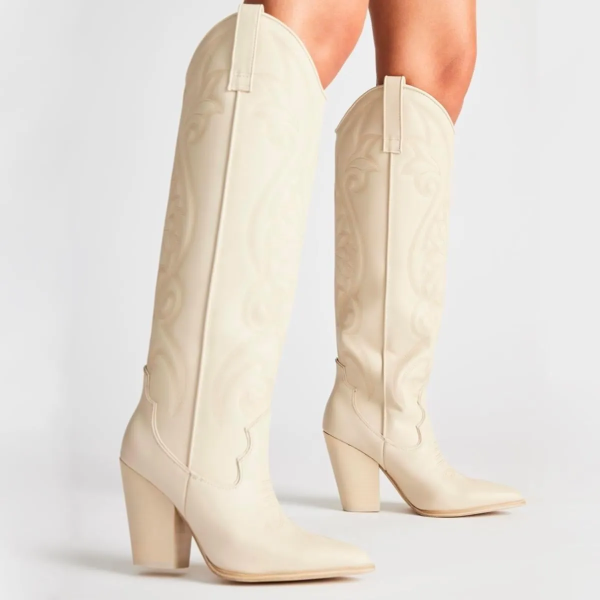 Vintage Embroidered Cowboy Boots Women Knee High Western Boots Suede High Chunky Stacked Heel Pointed Toe Tall Cowgirl Boots Satin Studded Combat Boot Pull On Fall Winter Dressy 4-11 M US