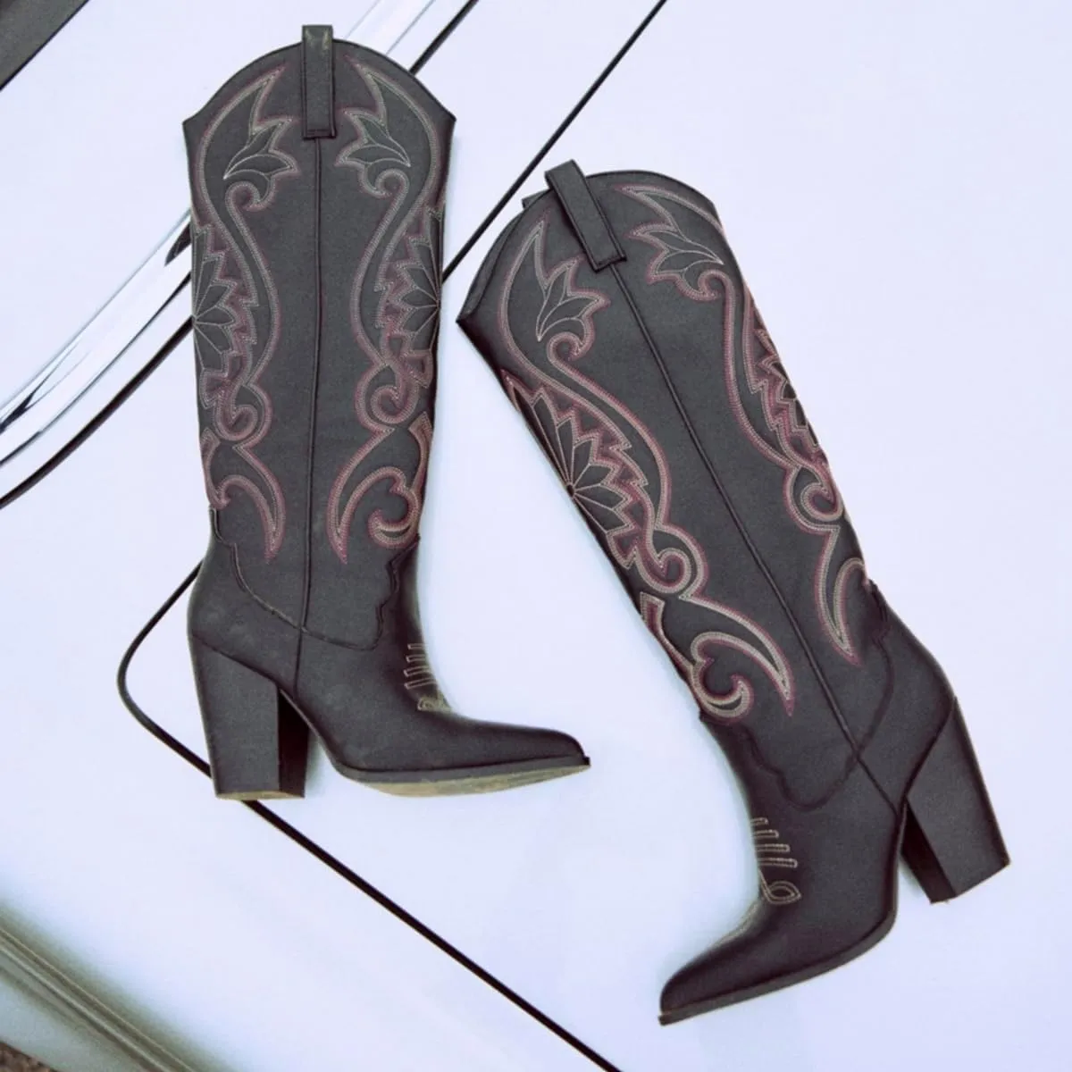 Vintage Embroidered Cowboy Boots Women Knee High Western Boots Suede High Chunky Stacked Heel Pointed Toe Tall Cowgirl Boots Satin Studded Combat Boot Pull On Fall Winter Dressy 4-11 M US
