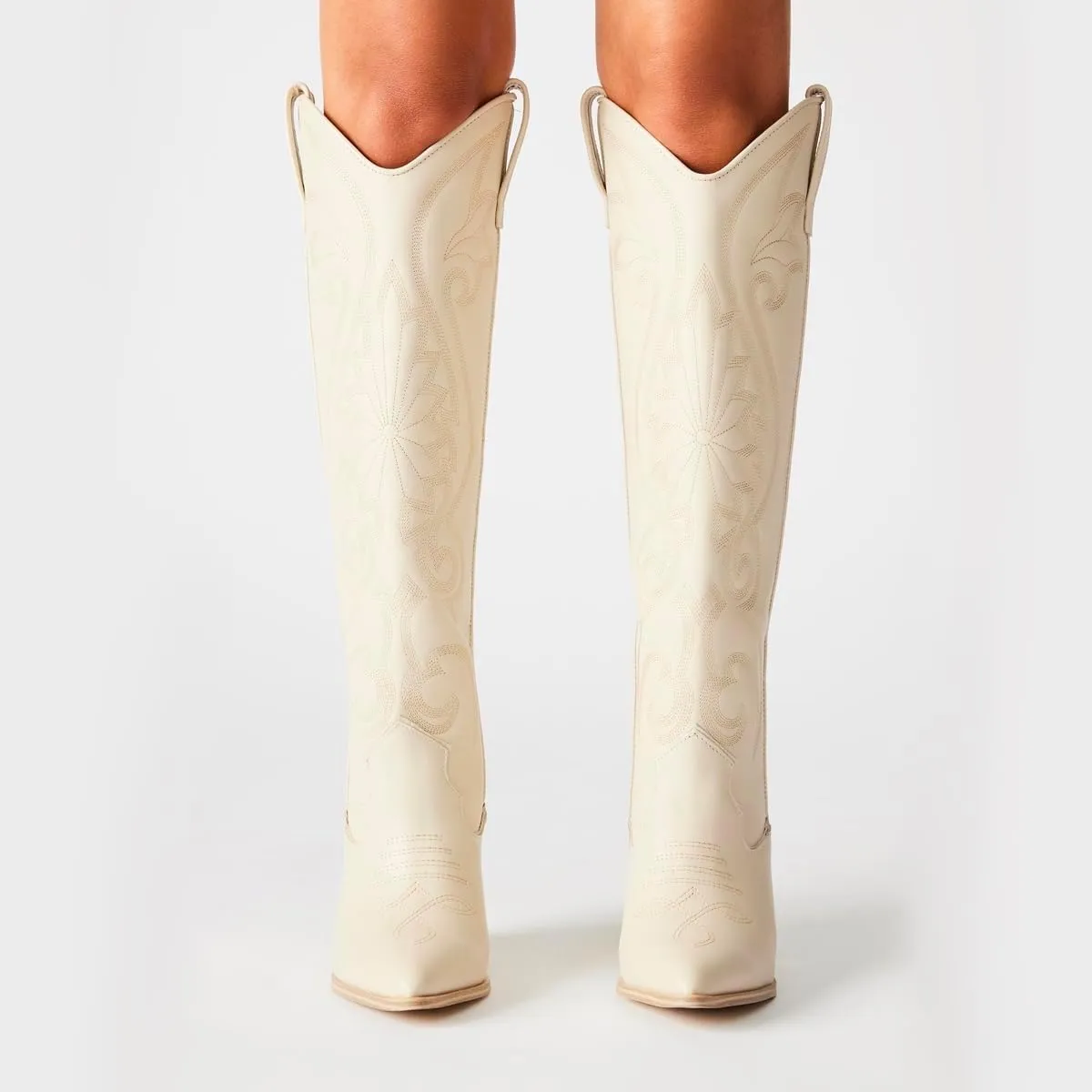 Vintage Embroidered Cowboy Boots Women Knee High Western Boots Suede High Chunky Stacked Heel Pointed Toe Tall Cowgirl Boots Satin Studded Combat Boot Pull On Fall Winter Dressy 4-11 M US