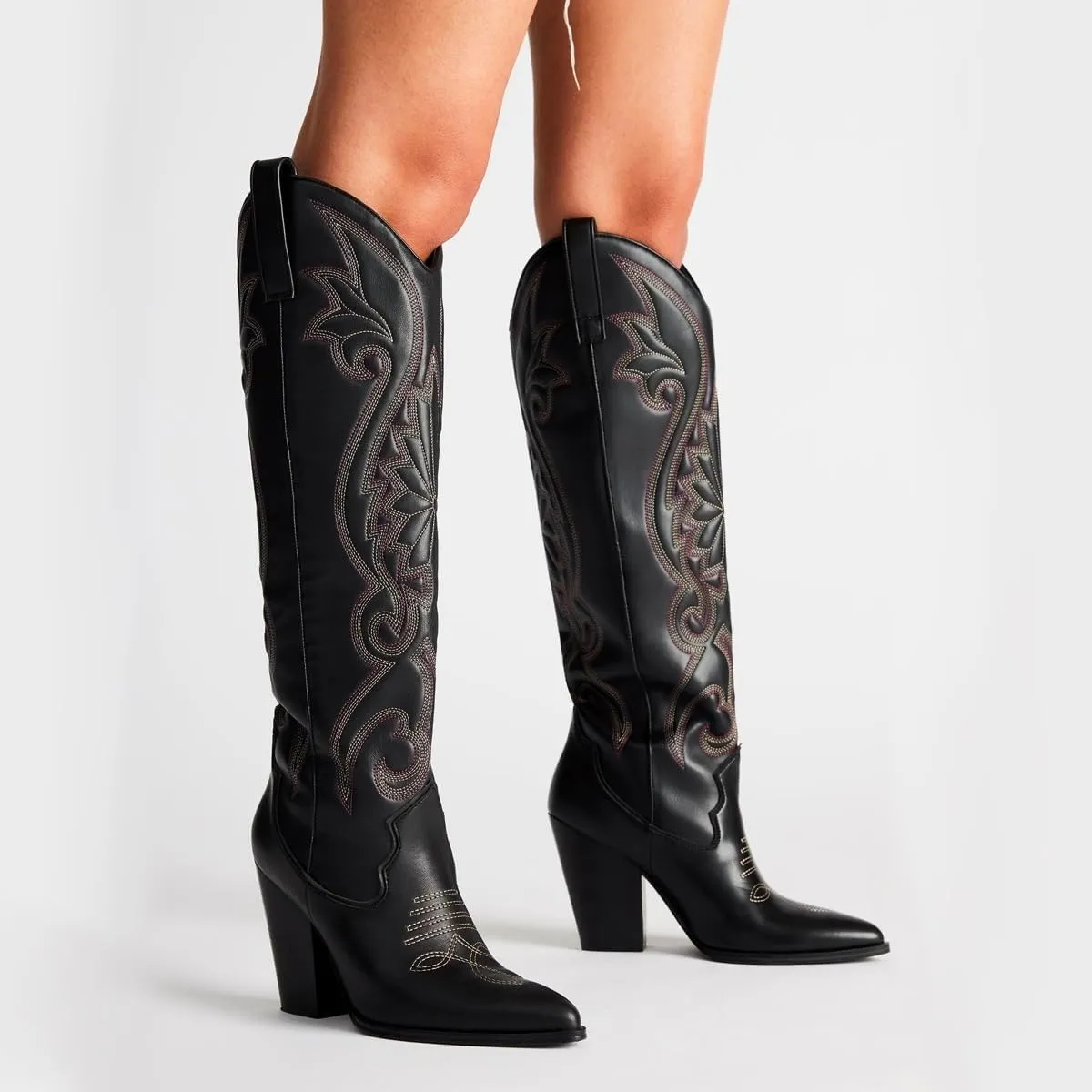 Vintage Embroidered Cowboy Boots Women Knee High Western Boots Suede High Chunky Stacked Heel Pointed Toe Tall Cowgirl Boots Satin Studded Combat Boot Pull On Fall Winter Dressy 4-11 M US