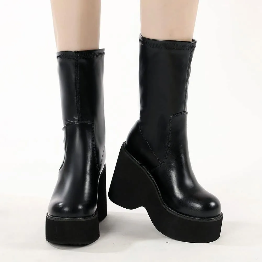 VOMIRA Women's Platform Boots Chunky Wedge Heel Round Toe Streath Leather Side Zipper Goth Punk Mid Calf Boots Combat Boots Winter Motorcycle Boots