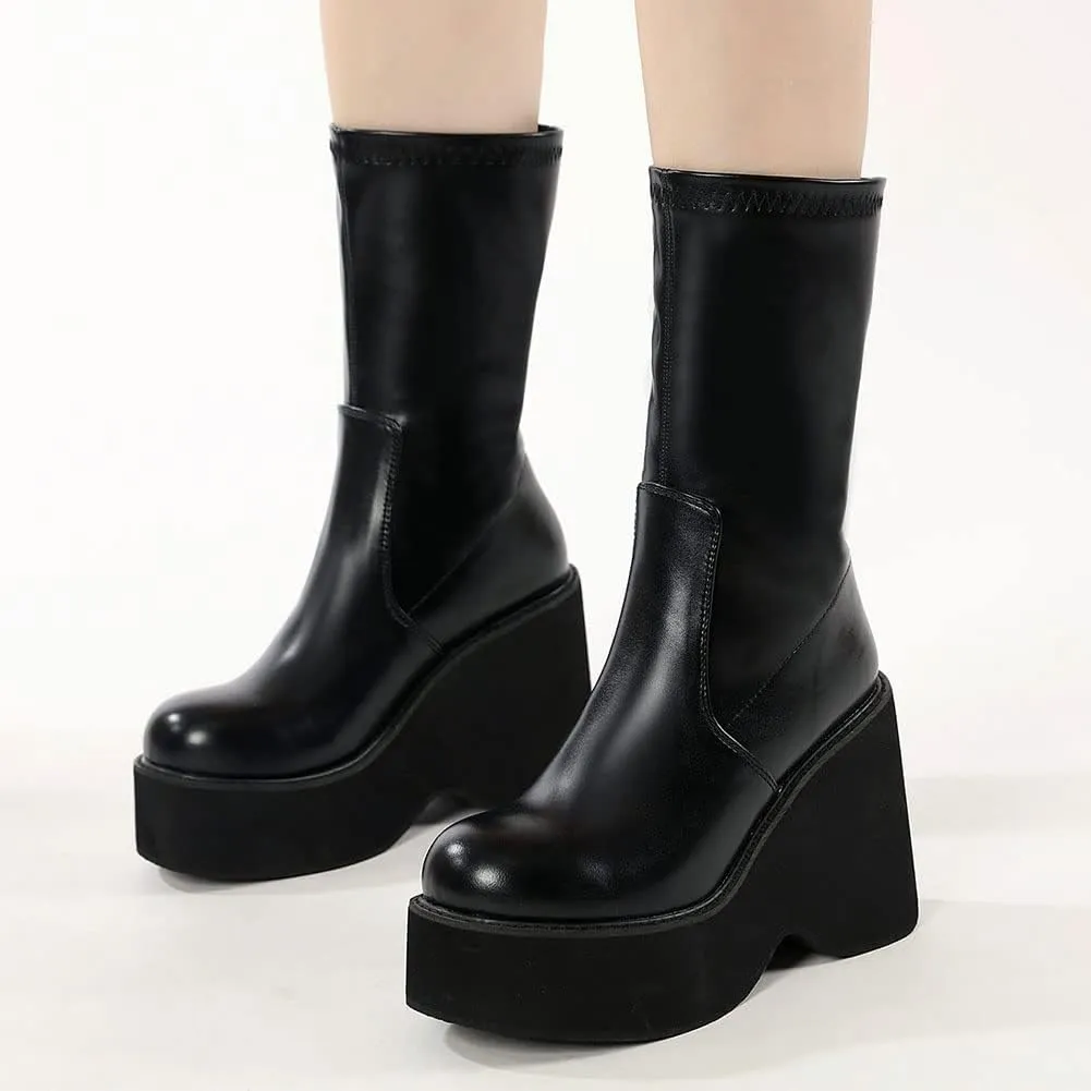 VOMIRA Women's Platform Boots Chunky Wedge Heel Round Toe Streath Leather Side Zipper Goth Punk Mid Calf Boots Combat Boots Winter Motorcycle Boots