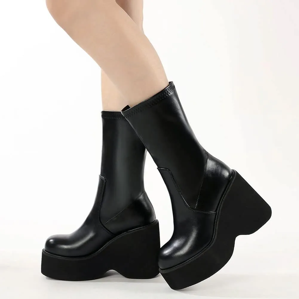VOMIRA Women's Platform Boots Chunky Wedge Heel Round Toe Streath Leather Side Zipper Goth Punk Mid Calf Boots Combat Boots Winter Motorcycle Boots