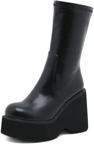 VOMIRA Women's Platform Boots Chunky Wedge Heel Round Toe Streath Leather Side Zipper Goth Punk Mid Calf Boots Combat Boots Winter Motorcycle Boots