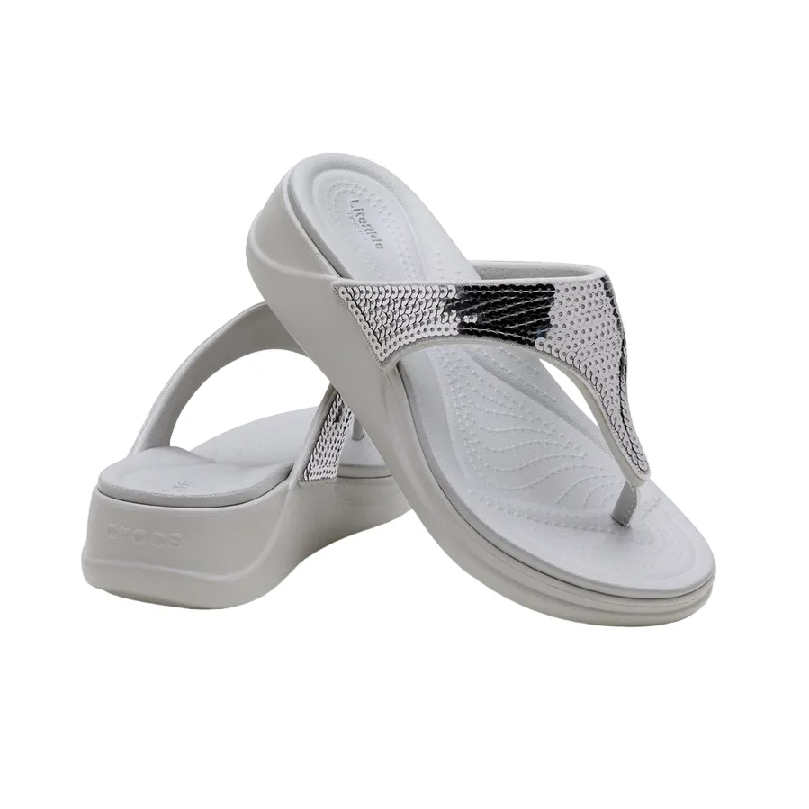 Crocs sandalo infradito con zeppa da donna Crocs Boca Sequin Wedge Flip W 207647-178 pearl white-silver Comfortable Footwear for Summer