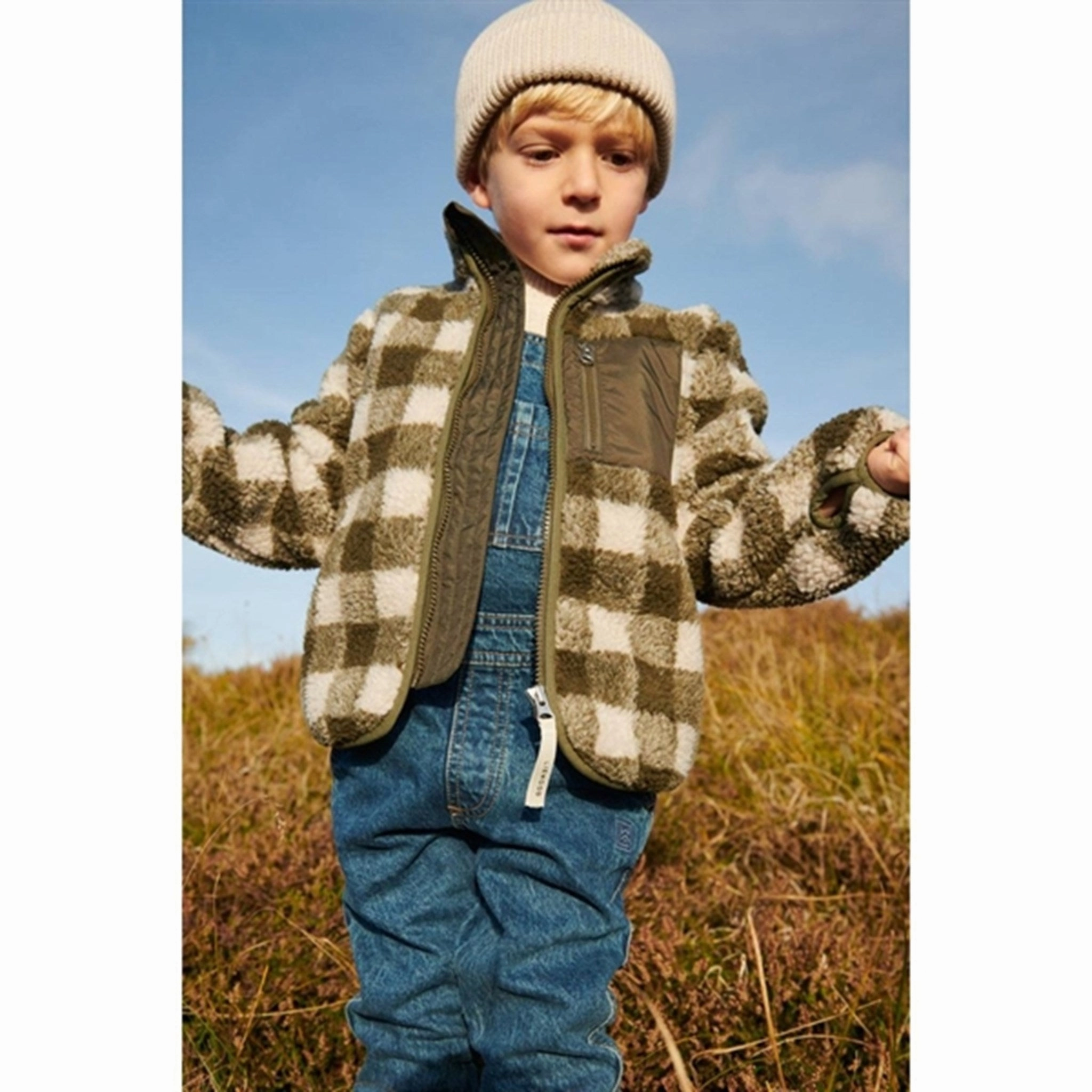 Liewood Nolan Pile Jacket Check Army Brown / Dark Sandy Minimalist Pocket Layout