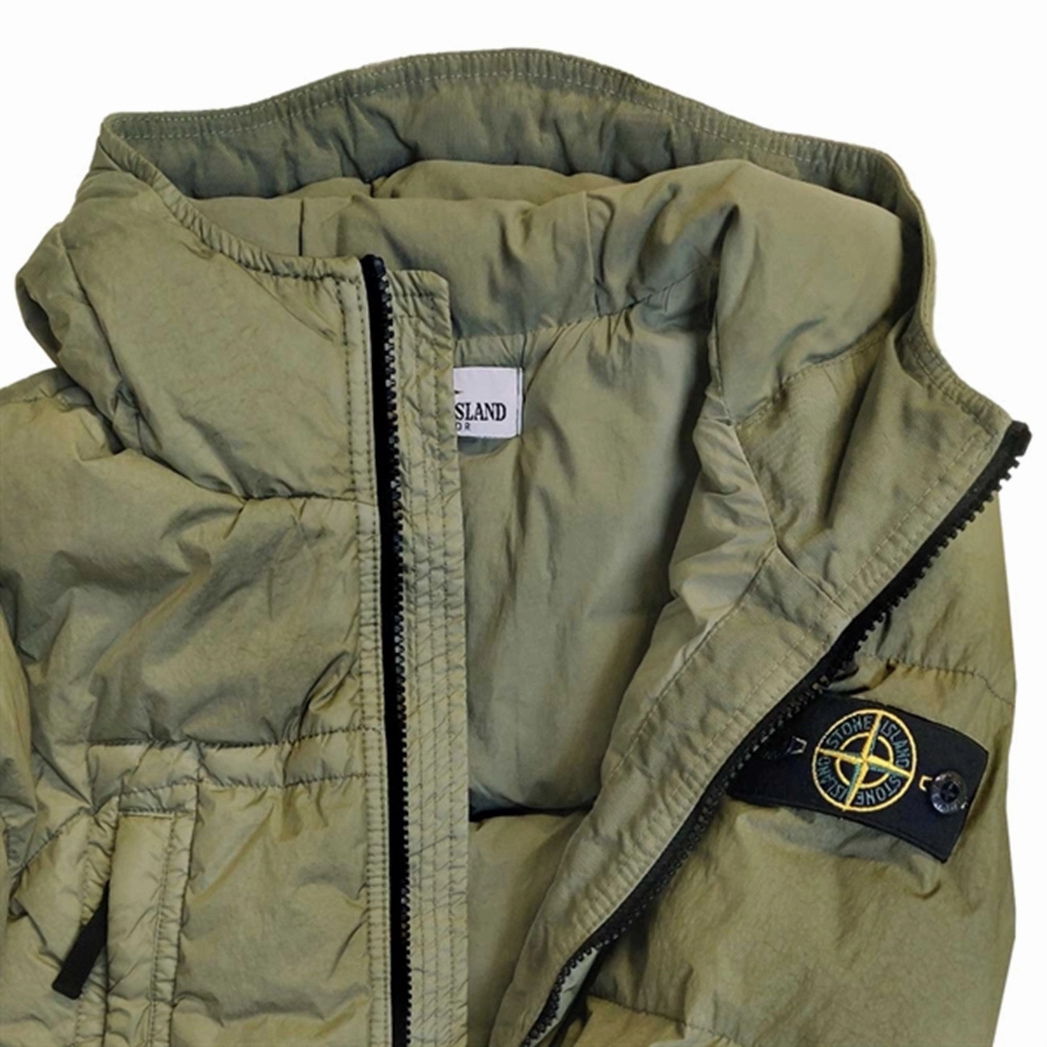 Stone Island Junior Down Jacket Olive Green Waterproof Stitch Details