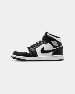Jordan Women's Air Jordan 1 Mid "Panda" White/Black-White running in a glass bridge area shoes