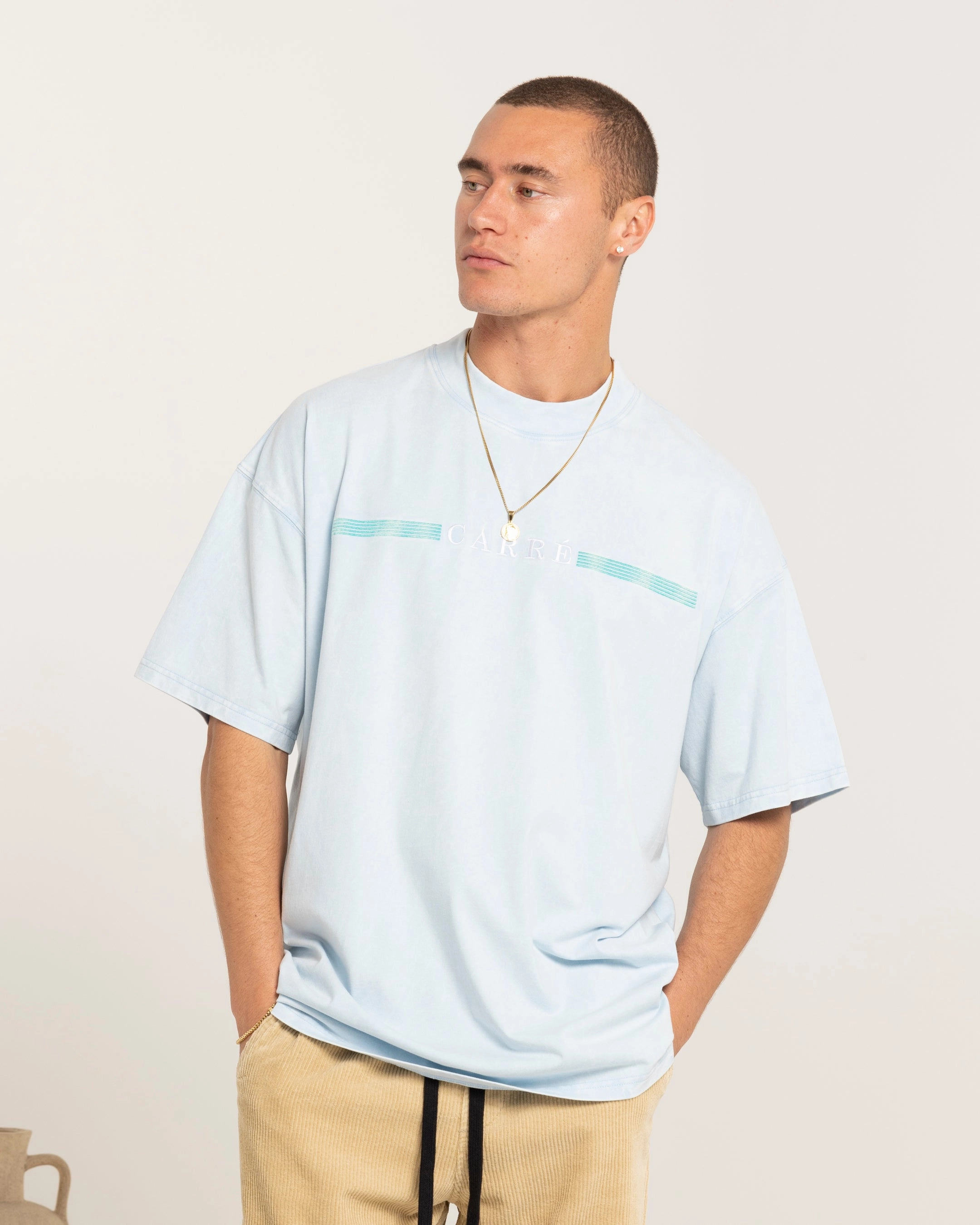 Relaxed Outfit Stretchable Fabric Carre Monte Carlo Oversized T-Shirt Light Blue