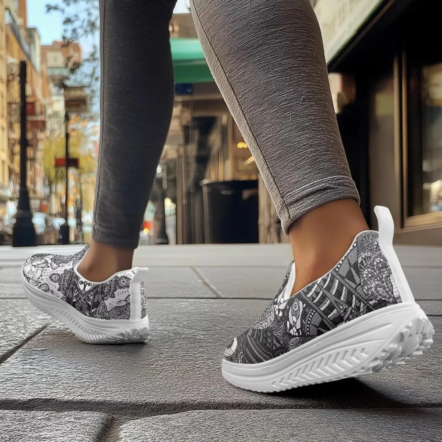 Women Fashion Loafer Stylish Slip On Shoes with Rocking Bottom Art Black White Sneaker Walking Hiking Flat