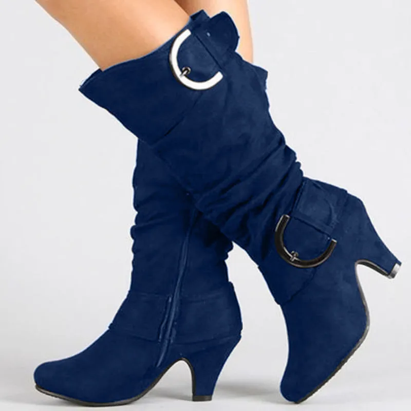 Women Long Boots Ladies Chunky Heel Suede Knee High Boots