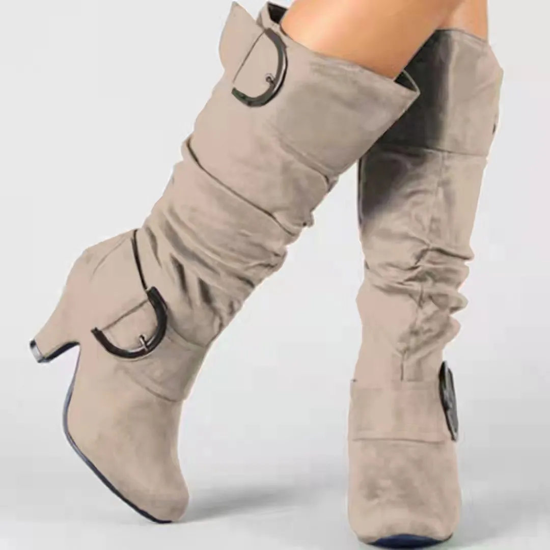 Women Long Boots Ladies Chunky Heel Suede Knee High Boots