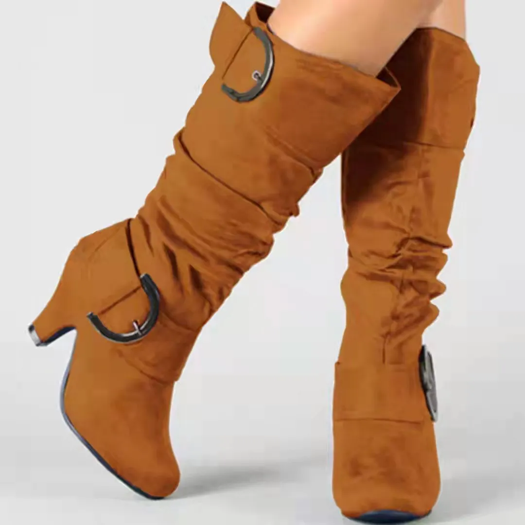 Women Long Boots Ladies Chunky Heel Suede Knee High Boots