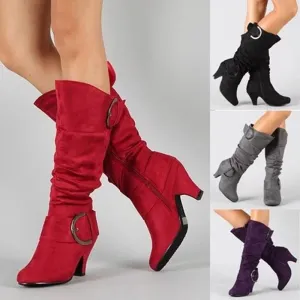 Women Long Boots Ladies Chunky Heel Suede Knee High Boots