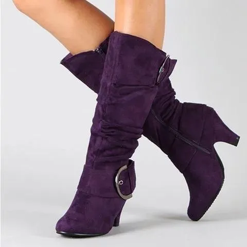 Women Long Boots Ladies Chunky Heel Suede Knee High Boots