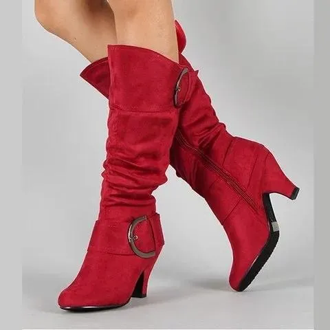Women Long Boots Ladies Chunky Heel Suede Knee High Boots