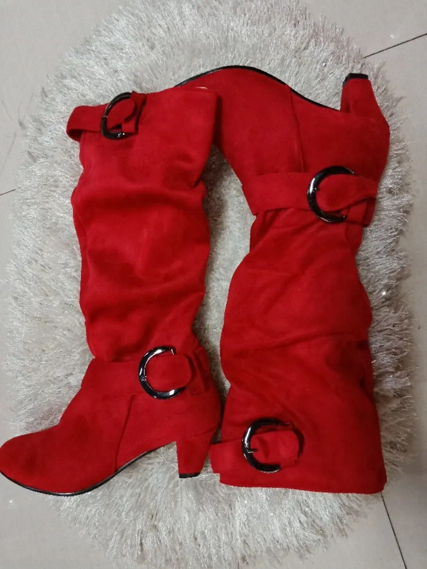 Women Long Boots Ladies Chunky Heel Suede Knee High Boots