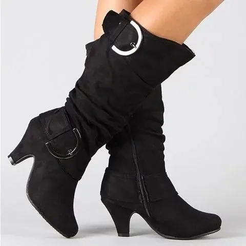 Women Long Boots Ladies Chunky Heel Suede Knee High Boots