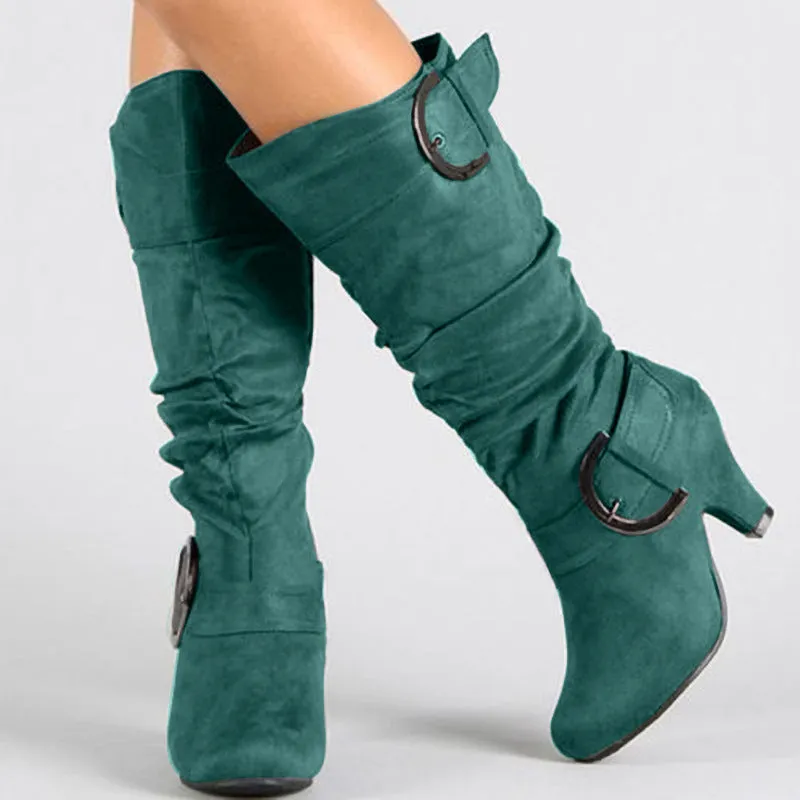 Women Long Boots Ladies Chunky Heel Suede Knee High Boots