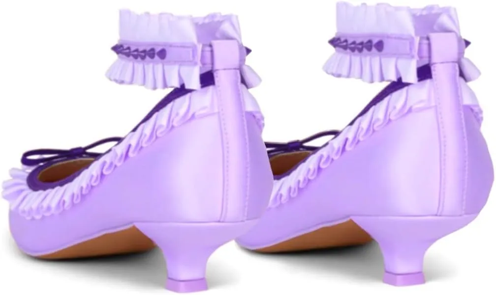 Women Pointed Toe Kitten Heel Bow Pumps Satin Ankle Strap Dress Shoes Lace Ruffles Cute 1 inch Low Kitten Heels Satin Wedding Bridal Dress Low Heels Two Tone Elegant Comfy 4-11 M US