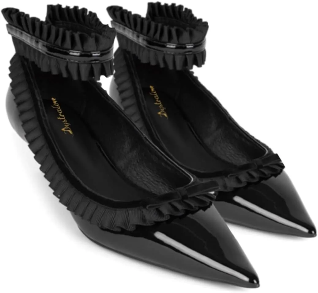 Women Pointed Toe Kitten Heel Bow Pumps Satin Ankle Strap Dress Shoes Lace Ruffles Cute 1 inch Low Kitten Heels Satin Wedding Bridal Dress Low Heels Two Tone Elegant Comfy 4-11 M US