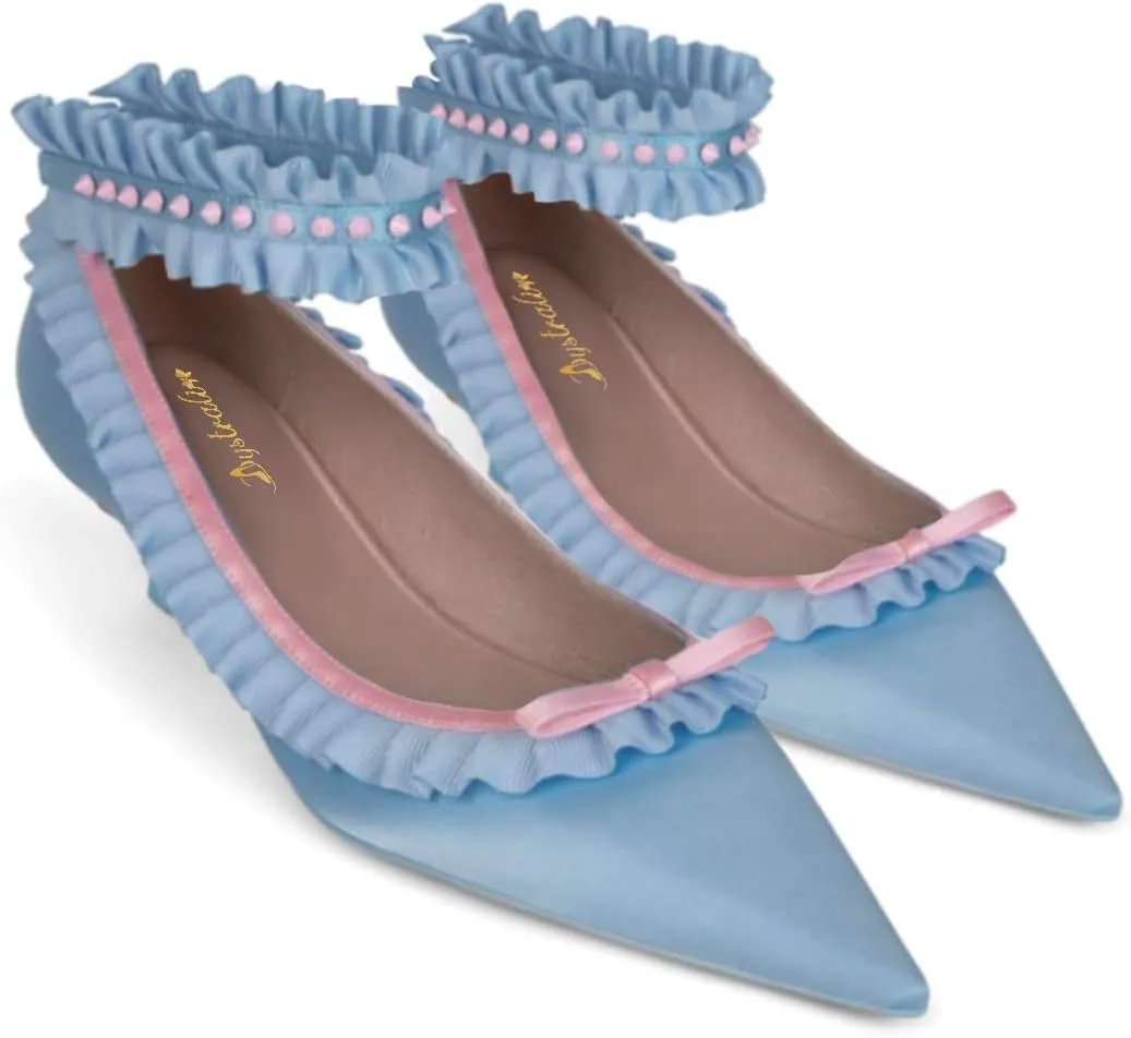 Women Pointed Toe Kitten Heel Bow Pumps Satin Ankle Strap Dress Shoes Lace Ruffles Cute 1 inch Low Kitten Heels Satin Wedding Bridal Dress Low Heels Two Tone Elegant Comfy 4-11 M US