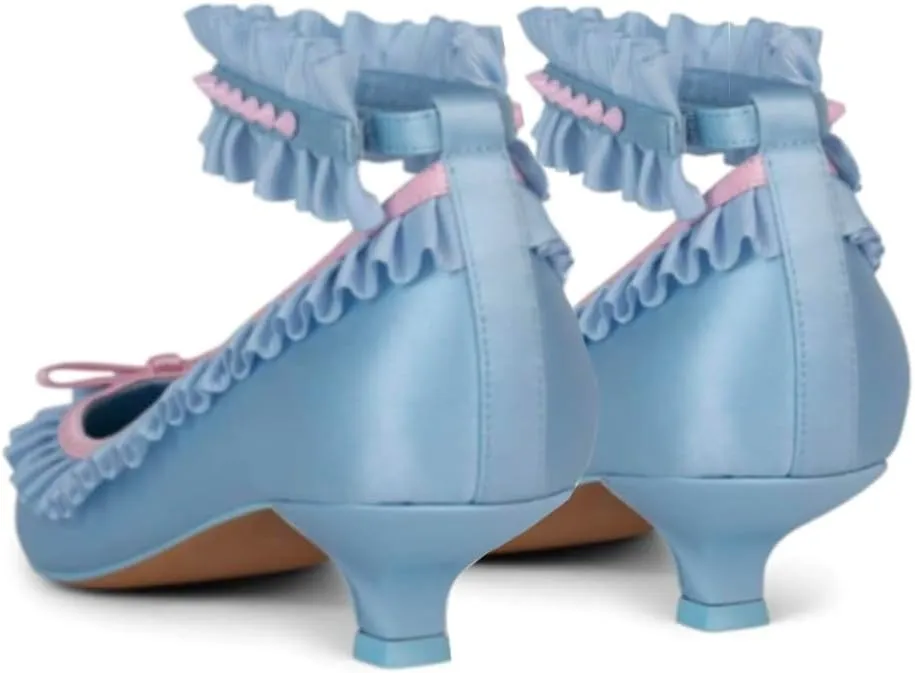 Women Pointed Toe Kitten Heel Bow Pumps Satin Ankle Strap Dress Shoes Lace Ruffles Cute 1 inch Low Kitten Heels Satin Wedding Bridal Dress Low Heels Two Tone Elegant Comfy 4-11 M US