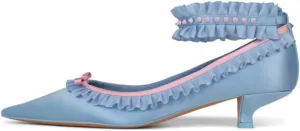 Women Pointed Toe Kitten Heel Bow Pumps Satin Ankle Strap Dress Shoes Lace Ruffles Cute 1 inch Low Kitten Heels Satin Wedding Bridal Dress Low Heels Two Tone Elegant Comfy 4-11 M US
