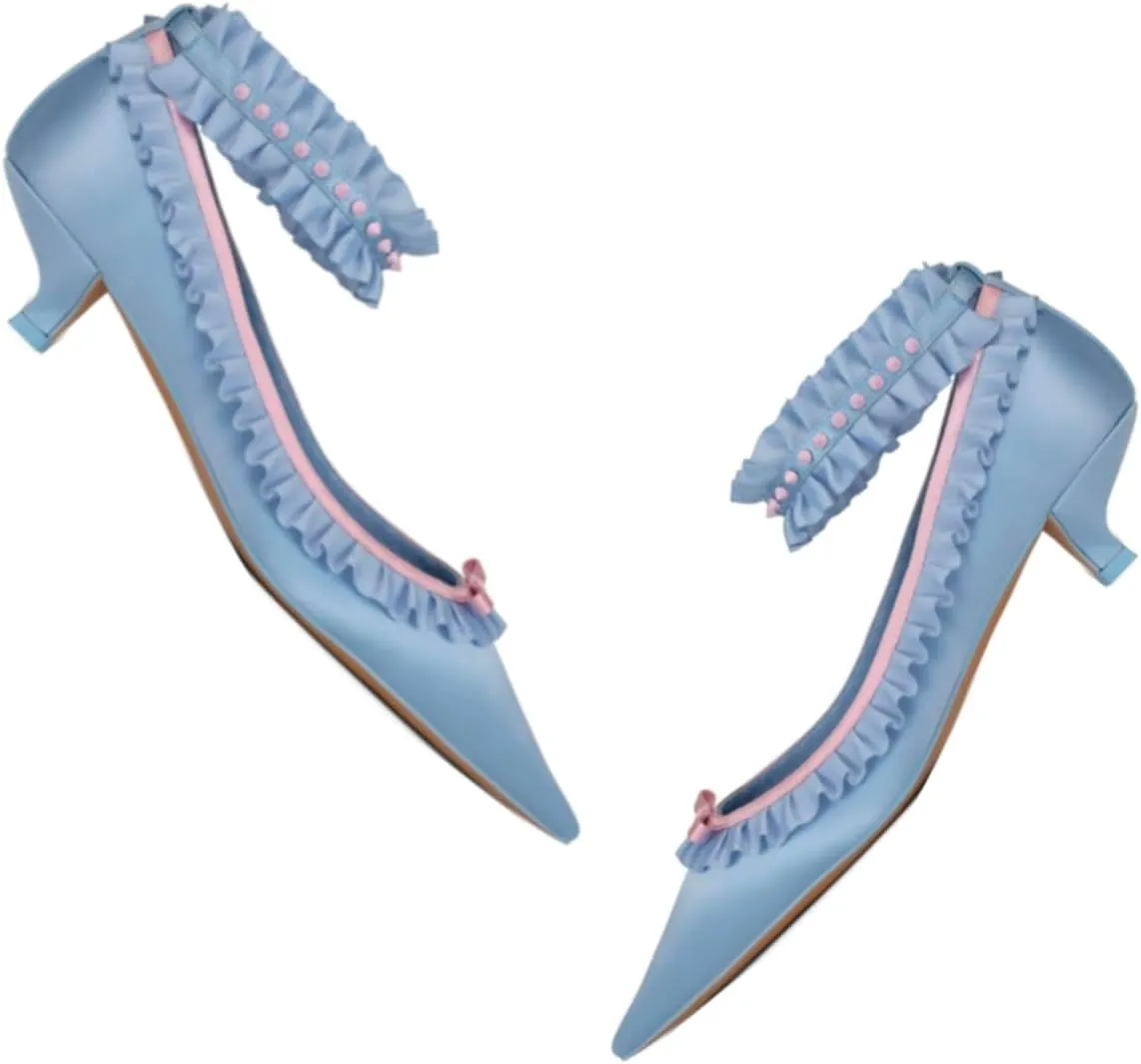 Women Pointed Toe Kitten Heel Bow Pumps Satin Ankle Strap Dress Shoes Lace Ruffles Cute 1 inch Low Kitten Heels Satin Wedding Bridal Dress Low Heels Two Tone Elegant Comfy 4-11 M US